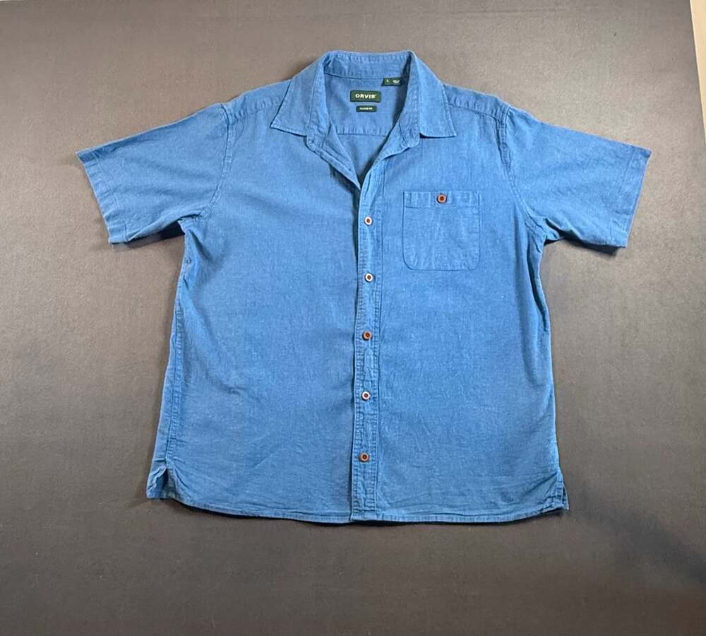 Orvis Hemp Blend Short Sleeve Button Up Shirt Size L Blue